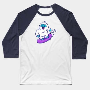 Cute Yeti Surfing In The Snow Cartoon Baseball T-Shirt